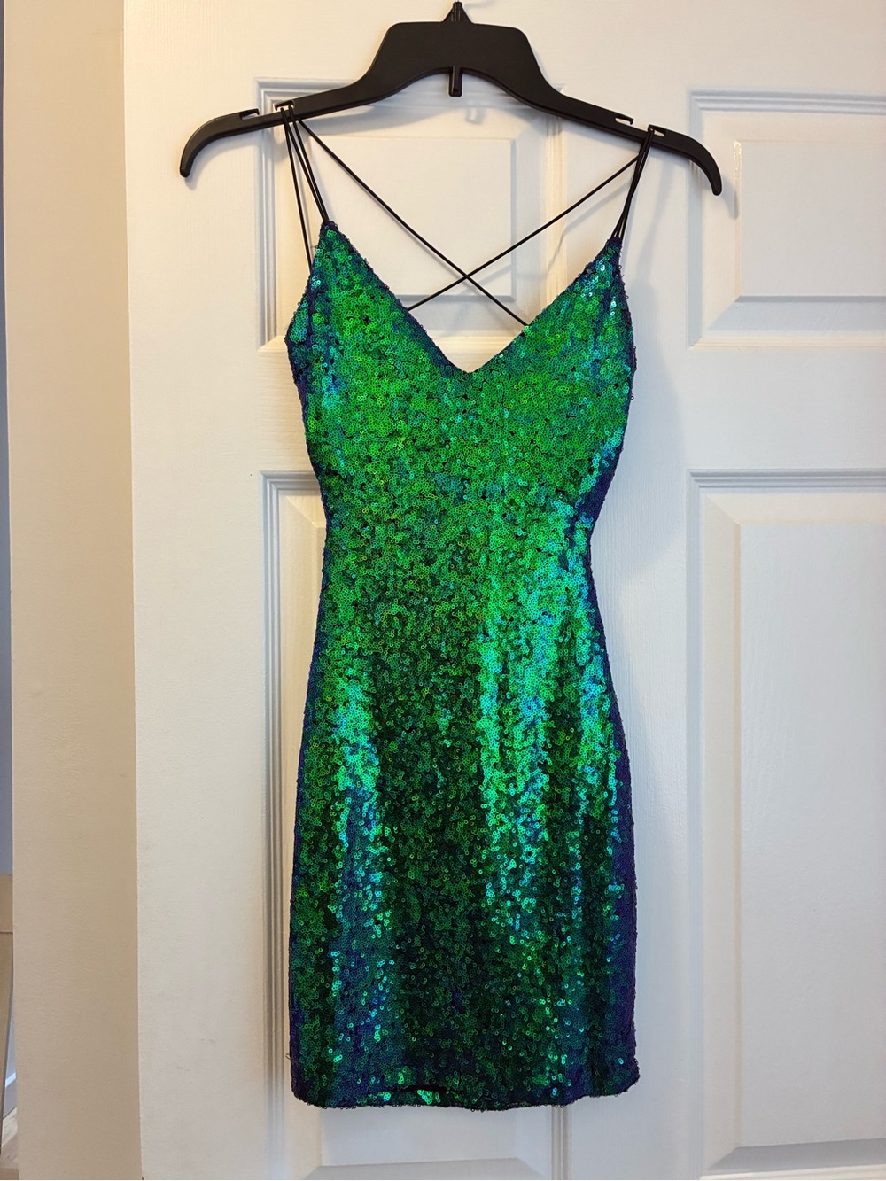 HOMECOMING dress, B. Darlin Green Sequin Mini Dress with Crisscross Back